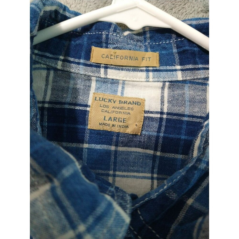 Lucky Brand Shirt Mens Large Blue Plaid Linen California Fit Button Up - Picture 7 of 11